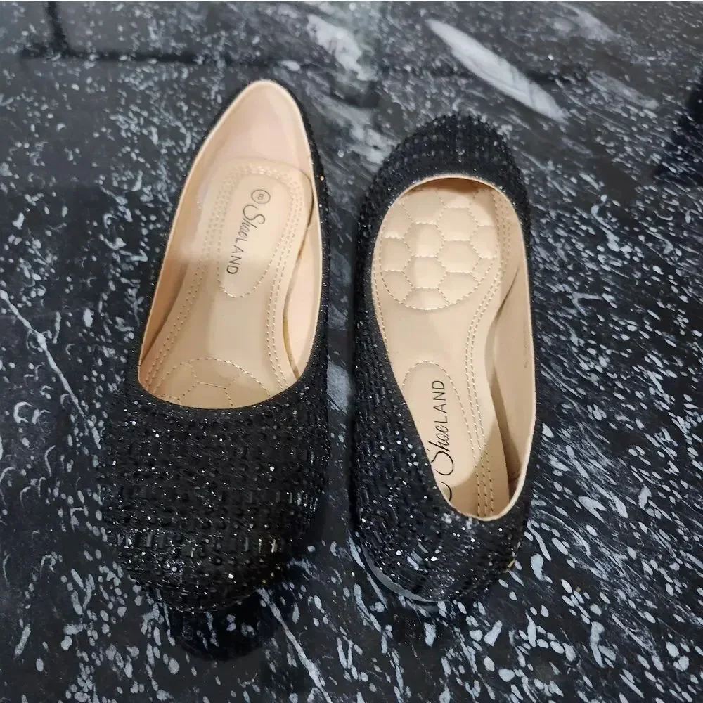 BRAND NEW SHOE LAND BLACK RHIENSTONE SLIP-ON WOMEN